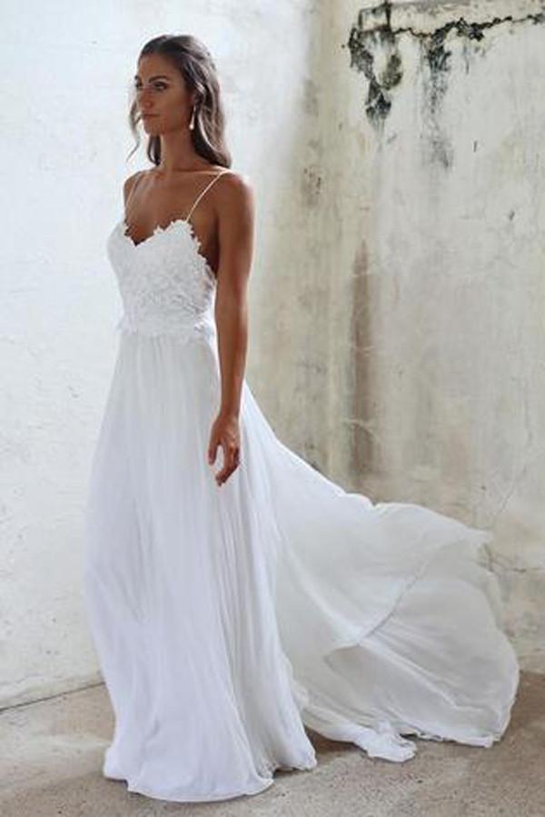 Spaghetti Straps Long White Lace Chiffon Beach Wedding Dresses