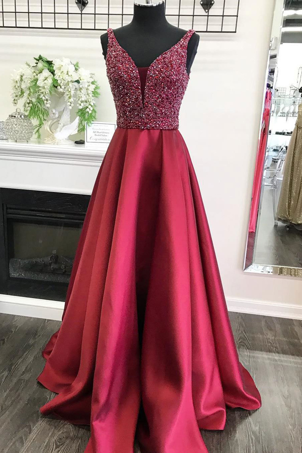 Modest Red Beading Satin Long Prom Dresses With Pockets,beautiful Graduation Dresses Dr0538