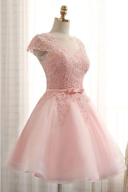 A Line Pink Cap Sleeve Homecoming Dresses, A Line Lace Appliques Short Prom Dresses, Tulle Short Prom Dress With Belt,homecoming Dresses Dc48