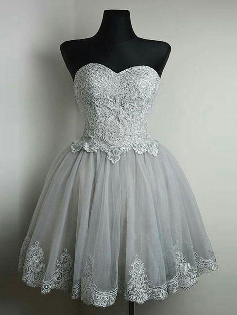 A Line Strapless Sweetheart Homecoming Dresses, Grey Lace Up Homecoming Dresses,lace Appliqued Short Prom Dresses,homecoming Dresses Dc52
