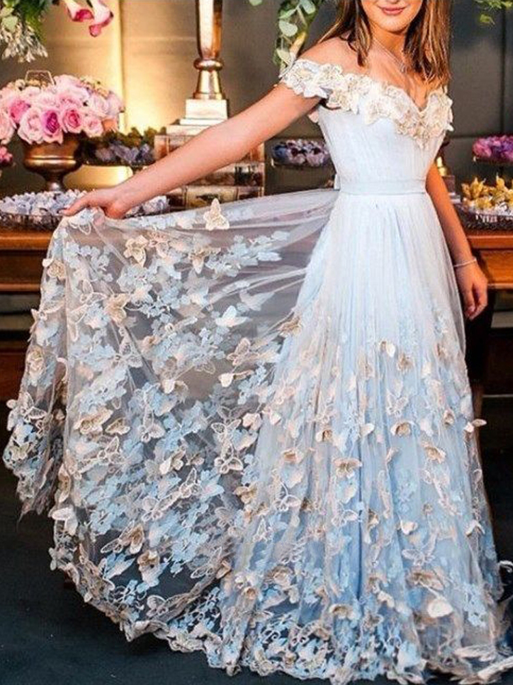 light blue flower prom dress