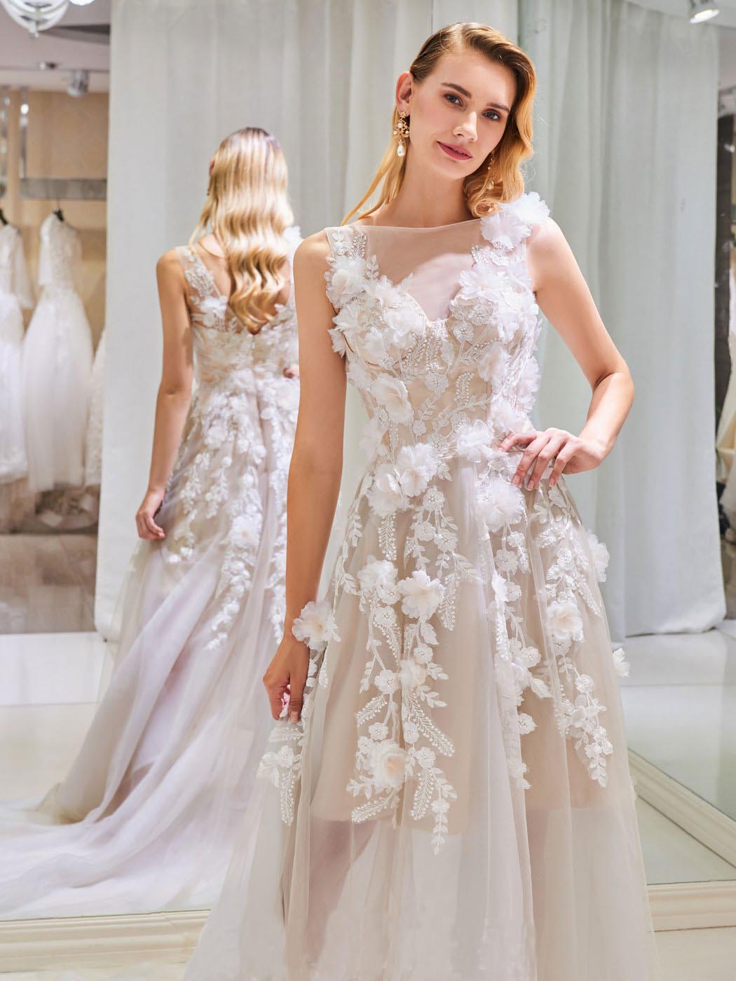 A Line High Low Prom Dresses Tulle V Back Scoop Wedding Dresses