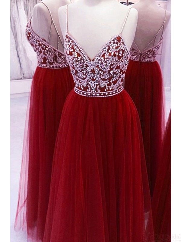 A Line Red V Neck Spaghetti Straps Prom Dresses, Backless Tulle Evening Dresses, Beads Long Formal Dresses Dc279