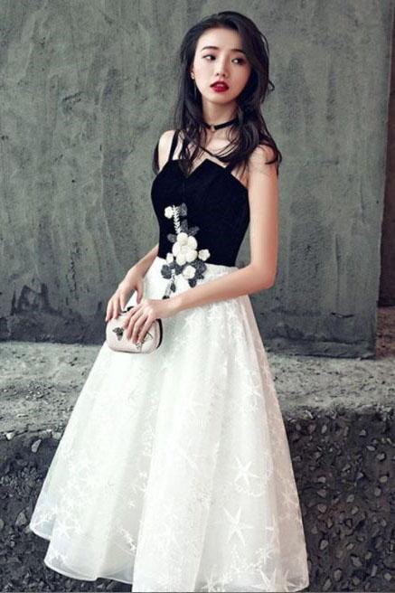 A Line Black and White Lace Appliques Homecoming Dresses, Ankle Length Cocktail Dresses, Sweet 16 Dresses, Homecoming Dresses DC293