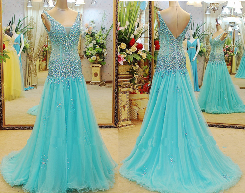  Charming Crystal Evening Dress，Prom Dress For Prom, V-Neck Chiffon Prom Dress,Backless Prom Dress,Dresses For Evening,Floor-Length Evening Dress,On Sale