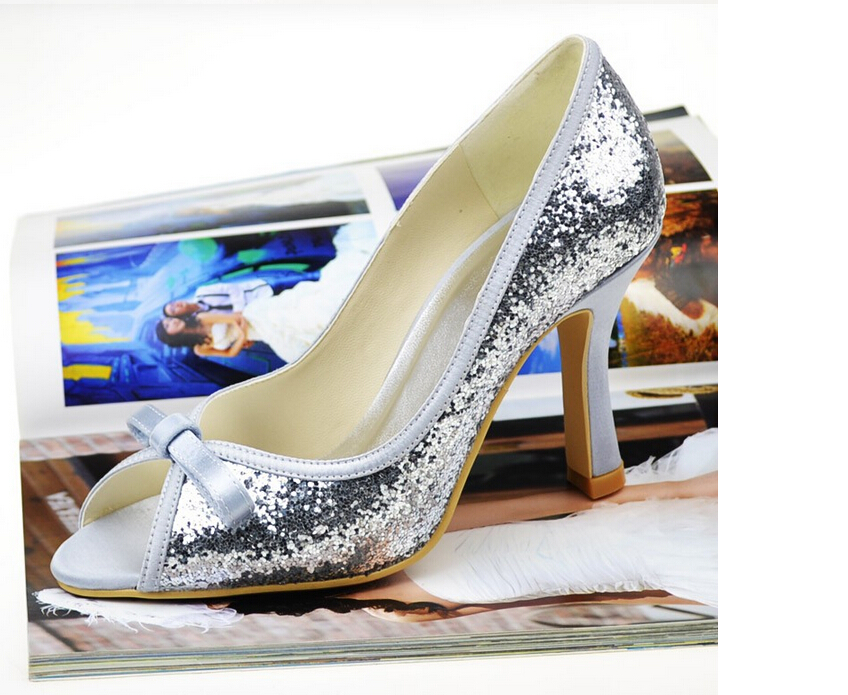 Design Peep Toe Thin Heels Silvery Sequins Lace Prom Shoes Woman High Heel Shoes,wedding Shoes