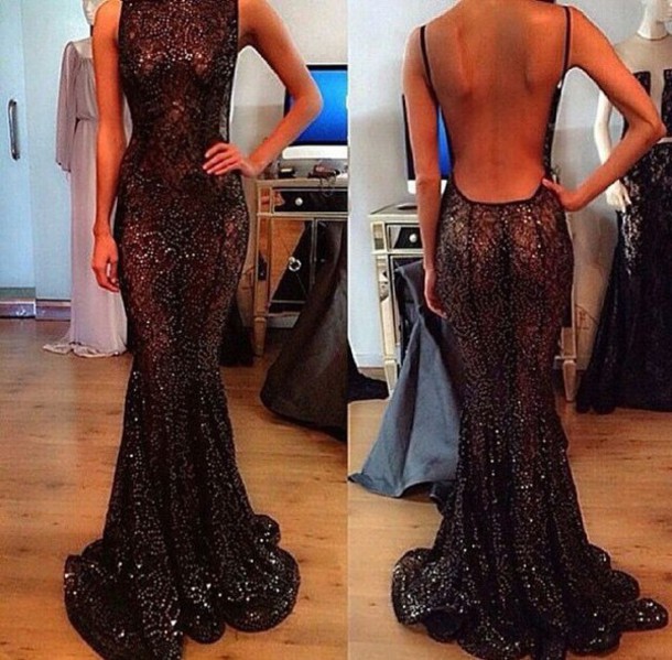 shiny black prom dress