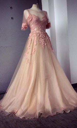 Appliques And Tulle Prom Dresses, Floor-length Prom Dresses, Sexy Prom Dresses, Half Sleeve Prom Dresses, Charming Evening Dresses Dr0123