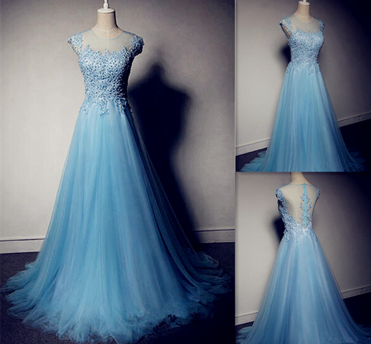 The A-line Tulle O-neck Prom Dresses,the Charming Appliques Floor-length Evening Dresses, Prom Dresses, Real Made Prom Dresses ,