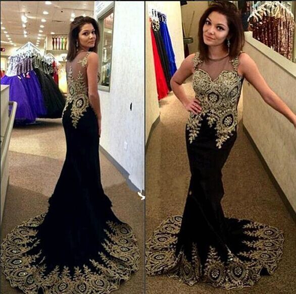 black and gold lace prom dress