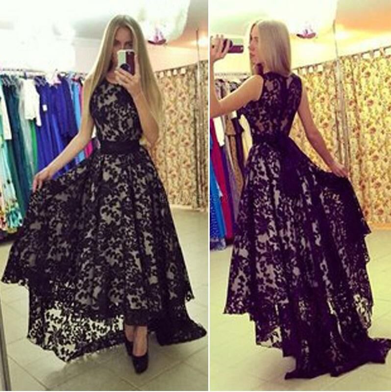 Womens Black Evening Dress Lace Layout Hi-lo Maxi Prom Dresses