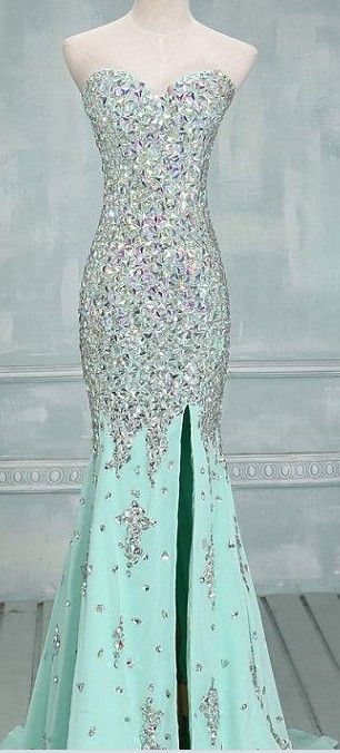 Real Made Prom Dresses, Floor-length Prom Dresses, Mint Green Prom Dresses, Sequin Shiny Front Split Prom Dresses, Charming Prom Dresses, Evening