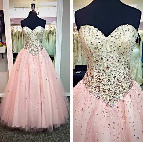 Pink Long Ball Gown Prom Dresses,sweetheart Beaded Evening Dresses,quinceanera Dresses,back Up Lace Prom Dress