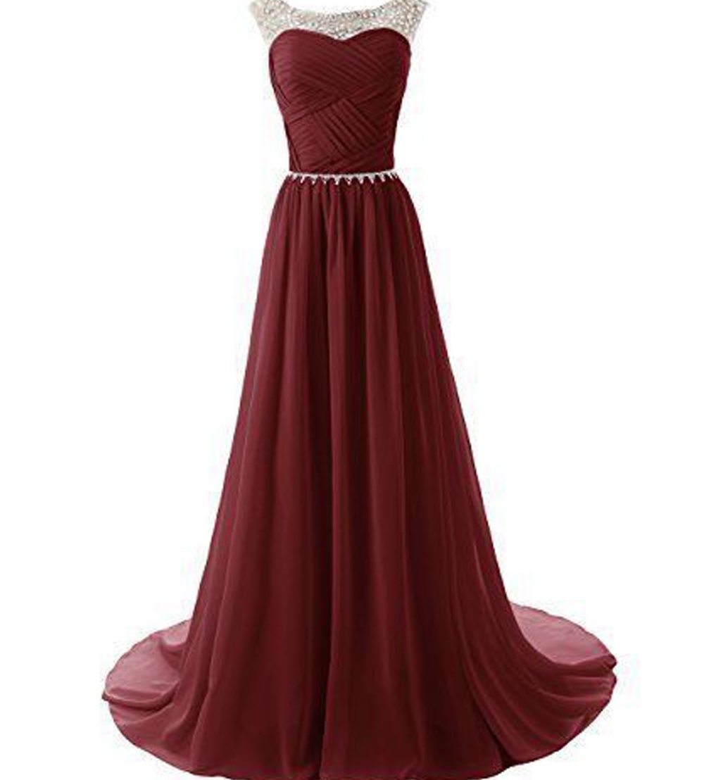 Burgundy Long Chiffon Beaded Cap Sleeves Prom Dresses,a-line Evening Dresses,prom Gowns. Evening Gown, Party Prom Dresses