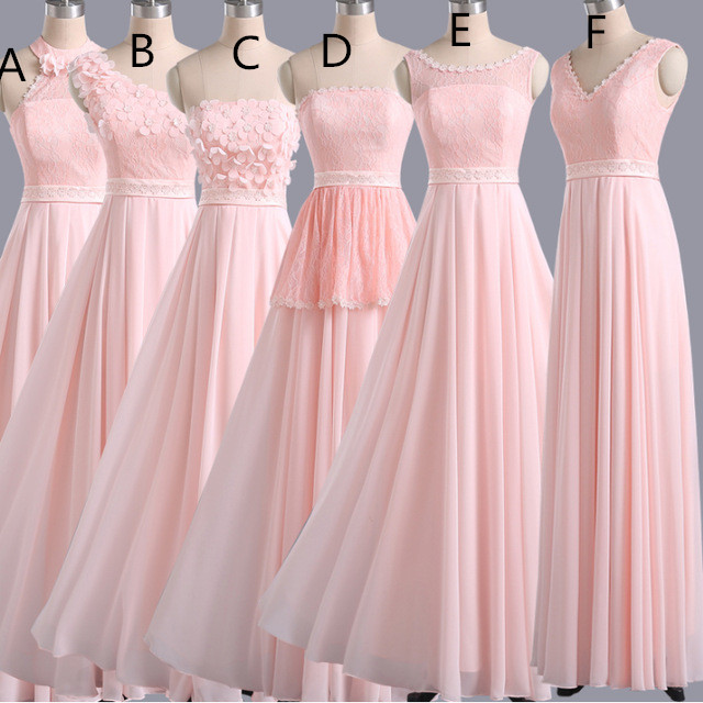 Pink Long Chiffon Lace Bridesmaid Dresses,simple Prom Dresses,elegant Bridesmaids Dresses, Bridesmaid Gowns