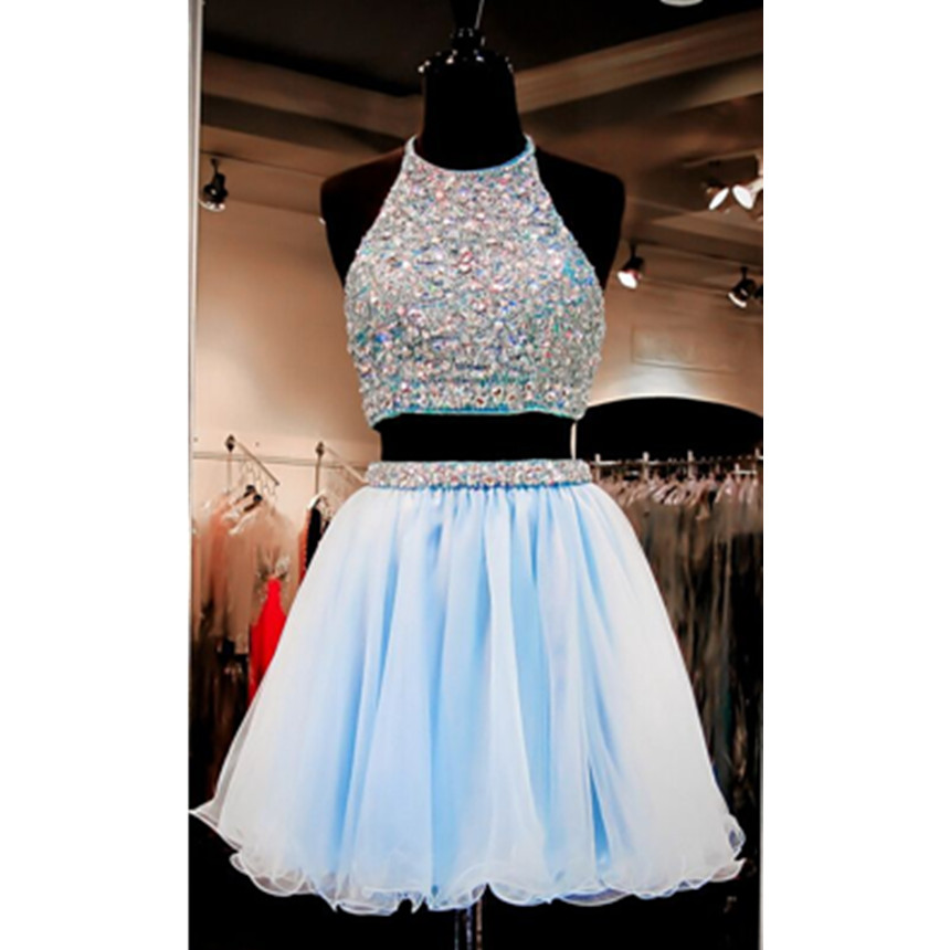 2016 Beautiful Short Prom Dresses,light Sky Blue Homecoming Dresses,two Pieces Cocktail Dresses,backless Graduation Dresses For Teens