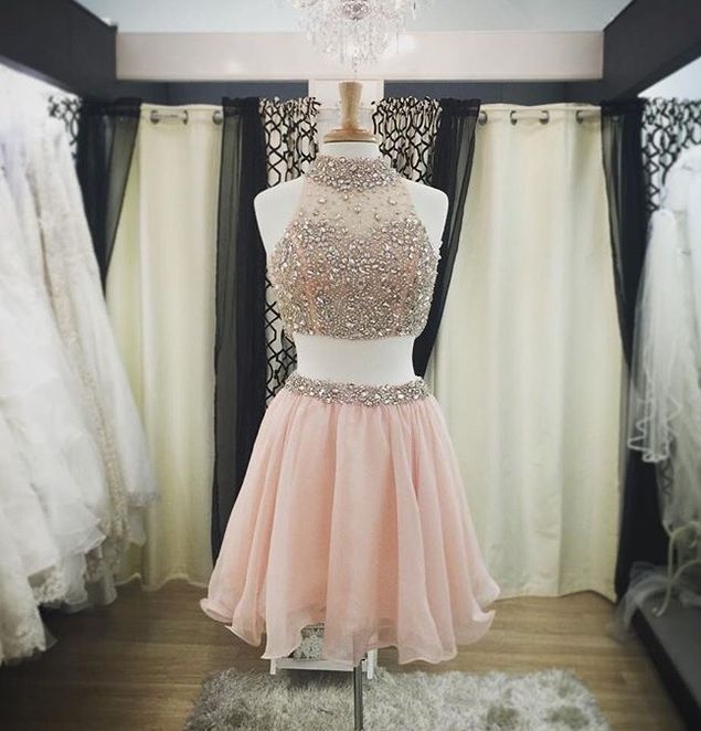 Pretty Two Pieces Pink Homecoming Dresses For Teens,halter Beading Cocktail Dresses,beautiful Graduation Dress