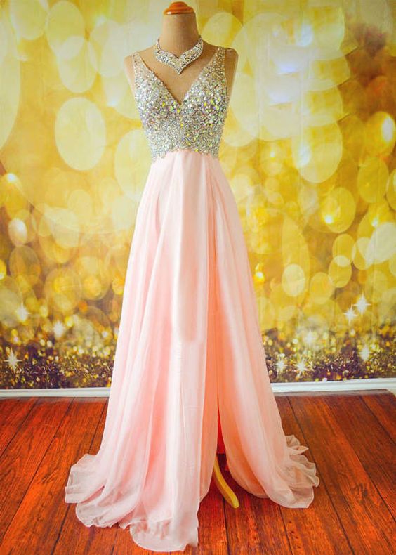 Top Selling Long Pink Prom Dresses,beading Prom Dresses,v-neck Prom Dresses ,modest Prom Dress,evening Dresses
