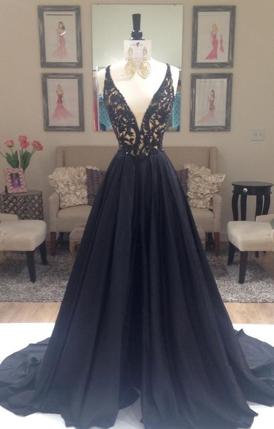 2016 Deep V-neck Lace Long Prom Dresses,black A-line Prom Dresses,modest Prom Dresses,sparkly Prom Gowns