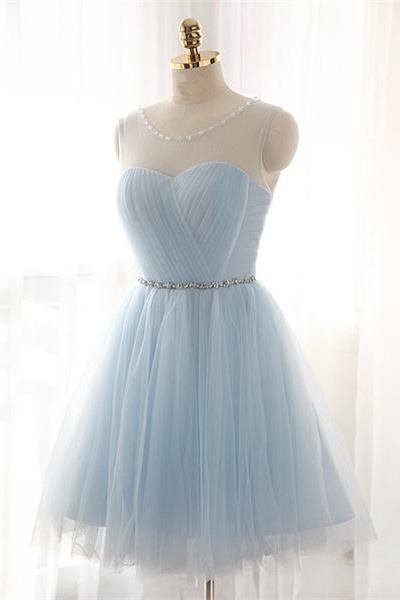 Simple Light Blue Short Tulle Homecoming Dresses, Homecoming Dress,elegant Cocktail Dresses,charming Graduation Dresses Dr0058