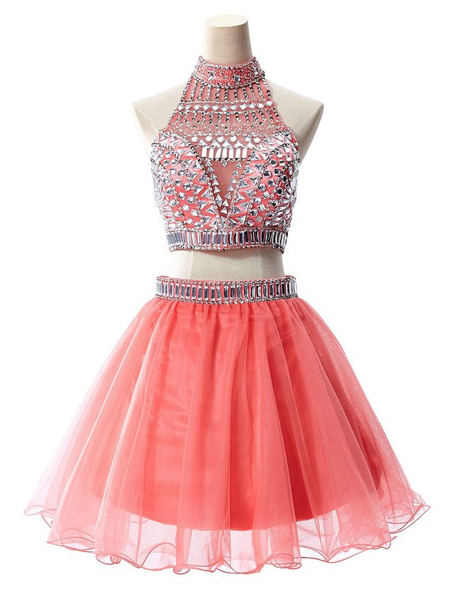 Gorgeous 2 Pieces Homecoming Dresses.beading Sparkly Homecoming Dresses,watrermelon Homecoming Dress For Teens