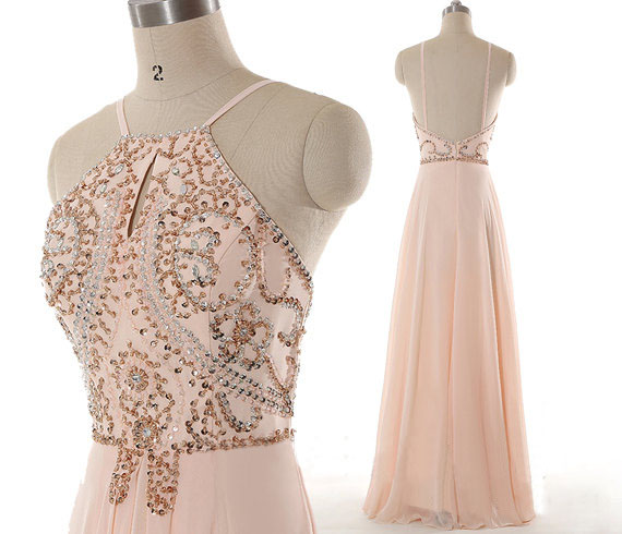 Charming Blush Pink Ling Chiffon Beaded Prom Dresses White Straps,beautiful Handmade Backless A-line Prom Gowns
