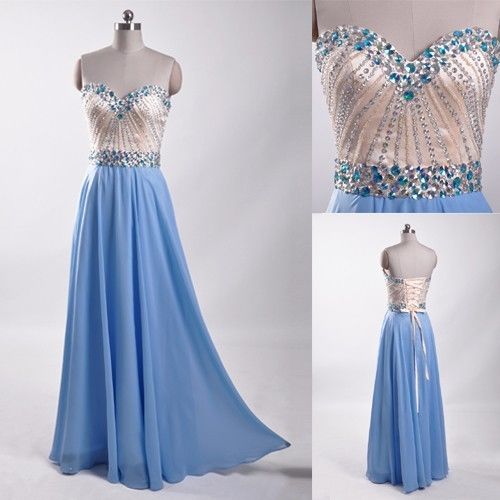 Charming Classy Blue Beading Prom Dresses,pretty Chiffon Prom Gowns,evening Gowns