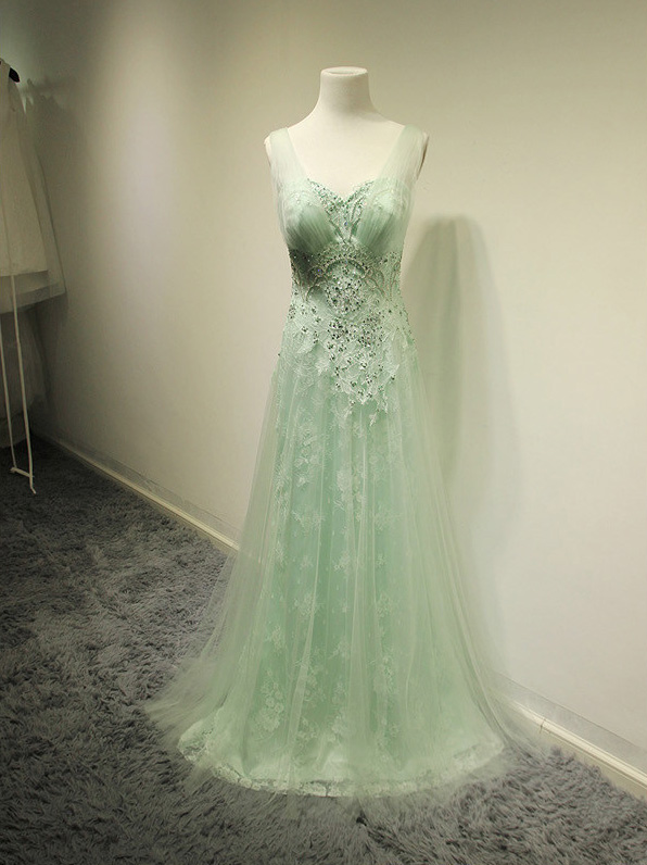 Mint Beading Lace Prom Dresses,long Party Dresses,classy Prom Gowns,handmade Evening Gowns,prom Dress 2016