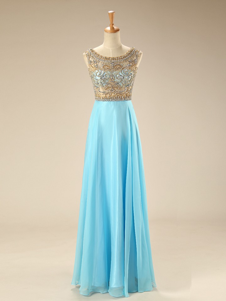 Chiffon Ice Blue Prom Gowns, Evening Gowns,pretty Beading Prom Dresses With Flower Type,sparkly Prom Dress