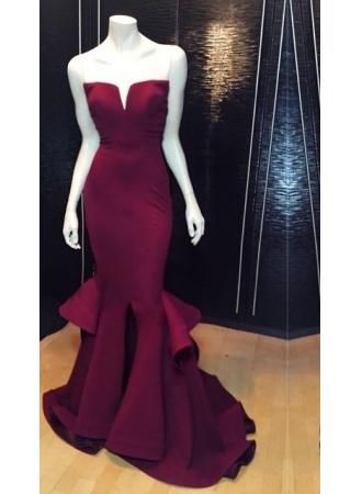 Burgundy Satin Strapless Floor Length Ruffled Accent Mermaid Prom Dress