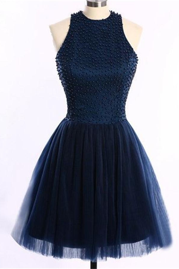 Navy Blue Short Handmade Halter Beading Homecoming Dresses,homecoming Dress