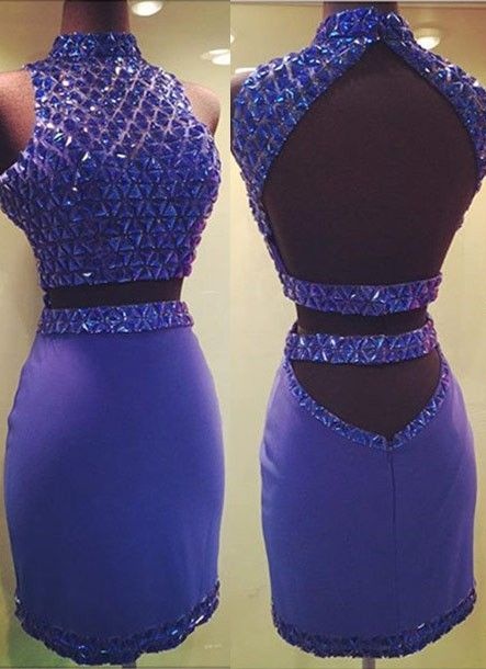 Real Made Short Two Pieces Mermaid Homecoming Dresses,backless Blue Homecoming Dress,formal Dresses,pretty Short Prom Dresses