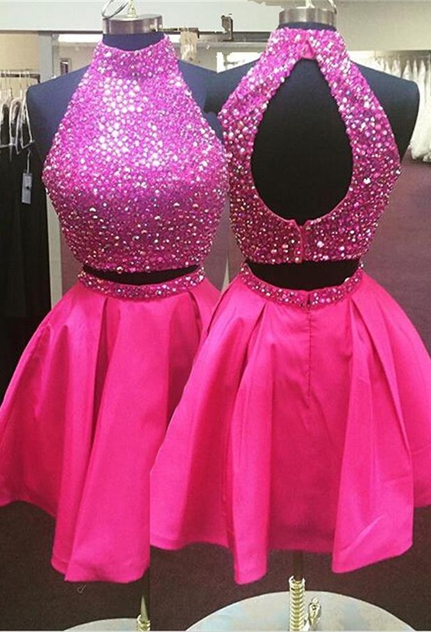 Pink Halter Homecoming Dresses,pretty Homecoming Dress,beading Sparkly Short Prom Dresses,party Dresses