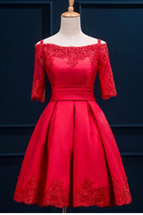 Half Sleeves Lace Light Red Satin Lace Up Cocktail Dresses,modest Homecoming Dresses,short Prom Dresses,party Dresses