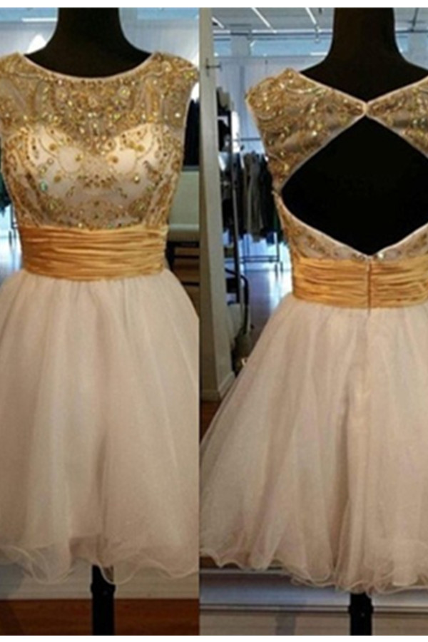 Gold Cap Sleeves Homecoming Dresses,a-line Open Back Homecoming Dress,[arty Dresses,cute Dresses