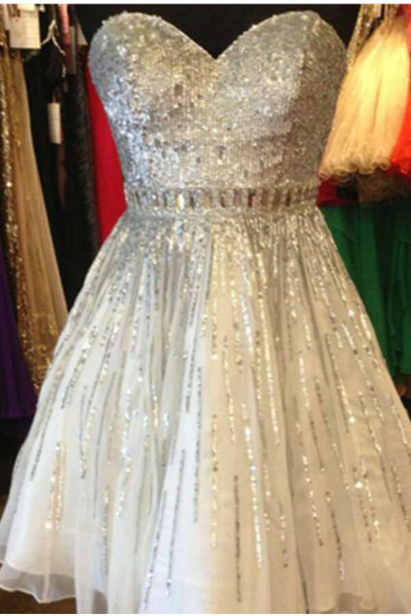 Sequin Shiny Short Beading Tulle Homecoming Dresses,strapless Homecoming Dress,party Dresses