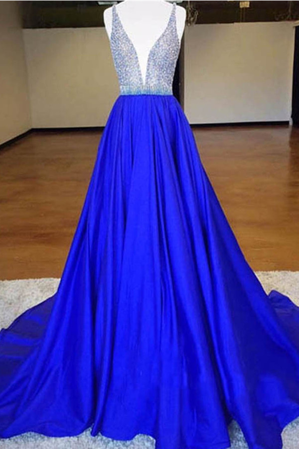 Sexy Deep V-neck Long Prom Dresses,handmade Evening Dresses,simple Beading Prom Gowns,a-line Party Dresses