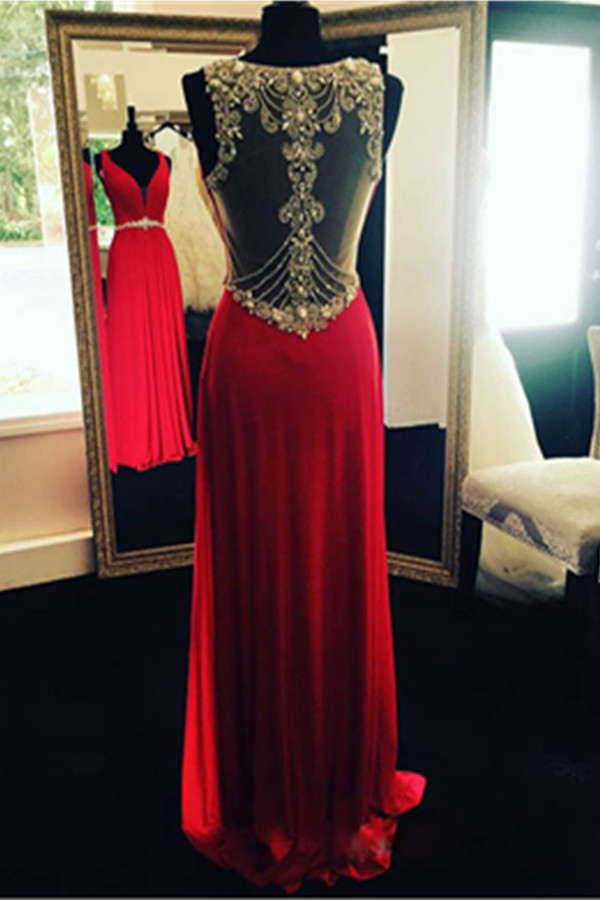 Red Close Back Prom Dresses,deep V-neck Prom Gowns,handmade Evening Dresses,long Beading Party Dresses