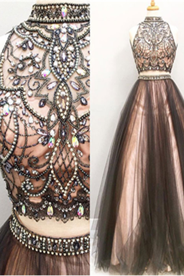 Two Pieces Prom Dresses,a-line Tulle Prom Gowns,halter Beading Evening Dresses,beautiful Party Dresses,cute Dresses Dr0020