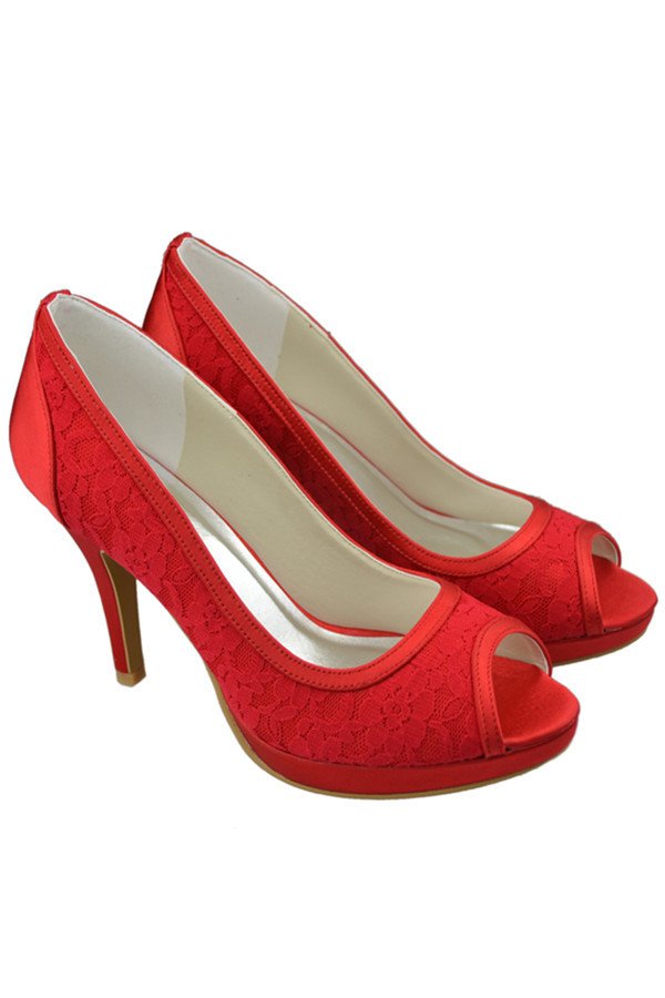 Peep Toe Lace Shoes,Wedding Shoes,Red 