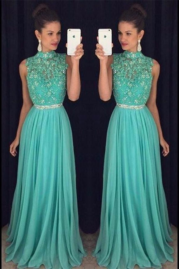 High Neckline Prom Dresses,Teal Chiffon Prom Dress,Prom Dresses For