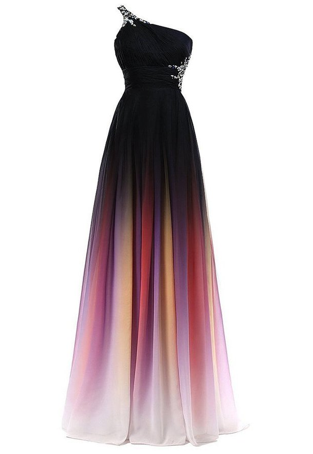 One Shoulder Long Ombre Chiffon Prom Dresses,simple Prom Fowns,dress For Teens,evening Dresses,party Dresses Dr0464