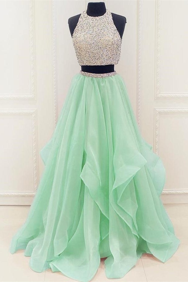 Charming Two Pieces Long Prom Dresses,beading Halter Tulle Prom Dresses,lovely Girly Prom Gowns,
