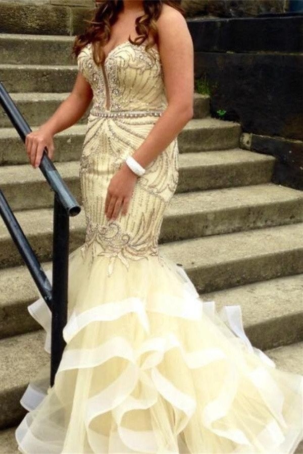 Gorgeous Long Mermaid Prom Dresses,Sparkly Beige Prom Gowns,Dresses For Teens,Beautiful Prom 
