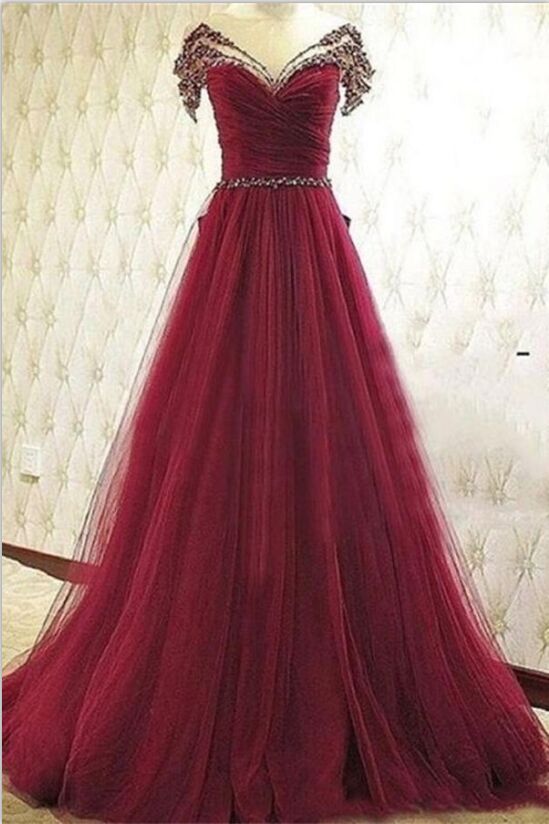 V Neck Beading High Low A Line Burgundy Prom Dress