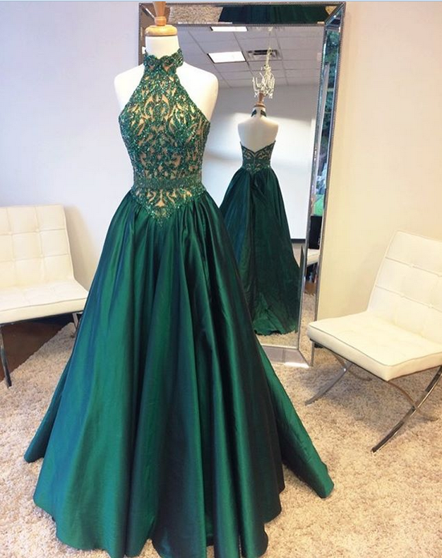 Green Halter Beading Lace A-line Prom Dresses For Teens,elegant Backless Prom Gowns,fashion Evening Dresses,prom Dresses 2017,women Dresses