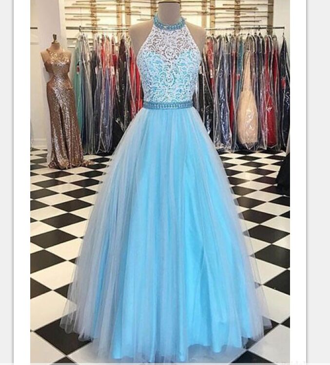 Light Blue Prom Dresses,Lace Prom Dress 