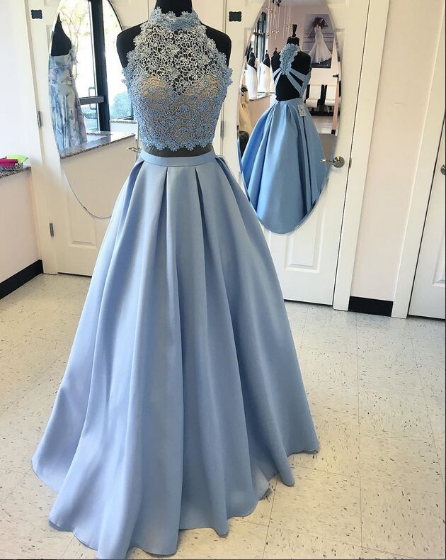 Light Blue Long Prom Dresses,two Pieces Prom Dresses For Teens,lace Prom Dress,a-line Prom Dresses,satin Prom Dresses,simple Elegant Prom