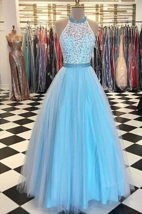 Prety Halter Long Lace Tulle Beding Light Blue Prom Dresses For Teens,elegant Evening Dresses Graduation Dresses Dr0510