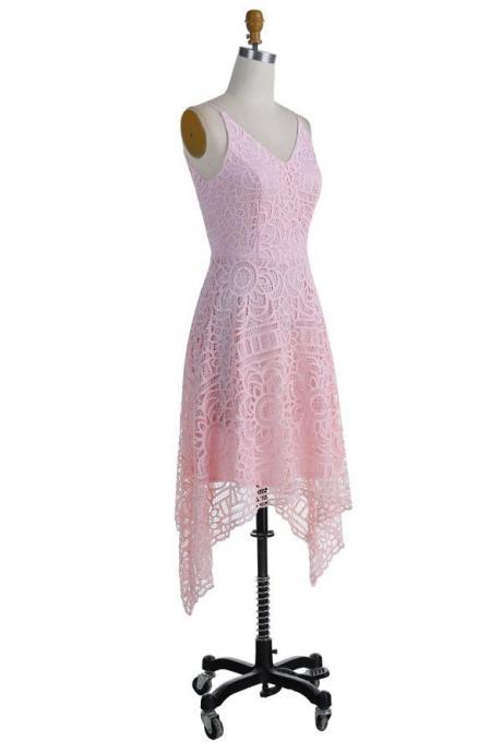 Simple Spaghetti Straps A-line Pink Lace Prom Dresses,gradaution Dresses,beautiful Bridesmaid Dresses Dr0539